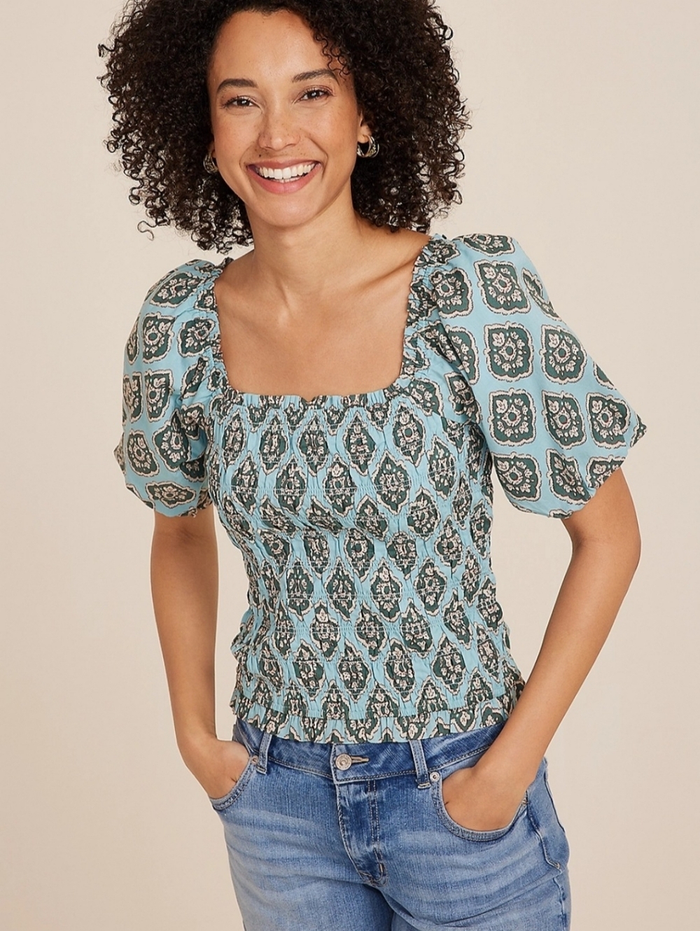 Maurices Medallion Print Smocked Puff Sleeve Square Neck Blouse Women's Plus 1X